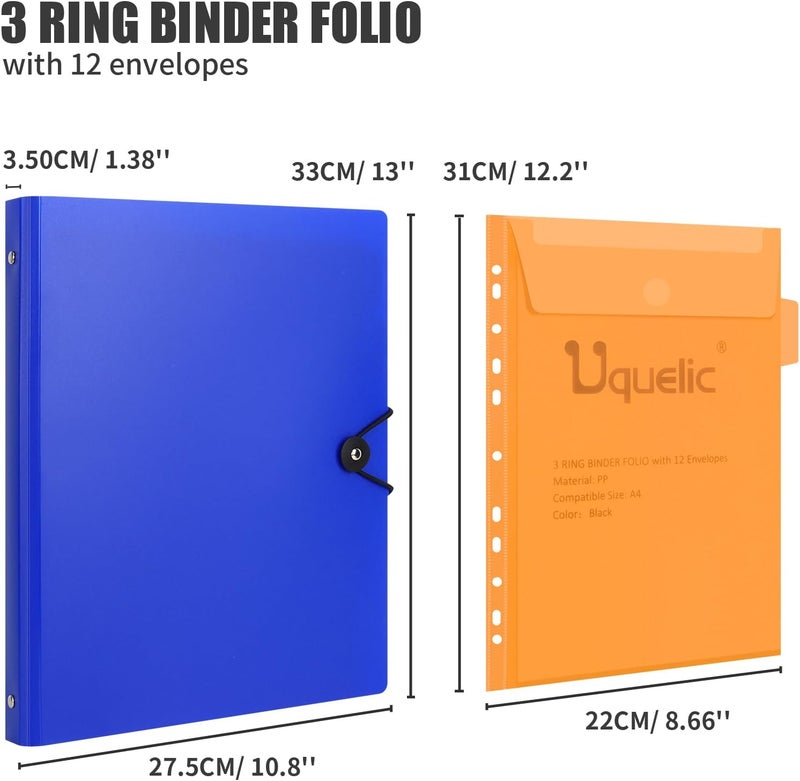 Uquelic A4 Binder, Folio Document Organizer with 12 Pockets, 3 Ring Folder Letter Size/A4, Cute Life Binder for Paper, Files, Photos, Letters, Cards(Blue) - Image 3